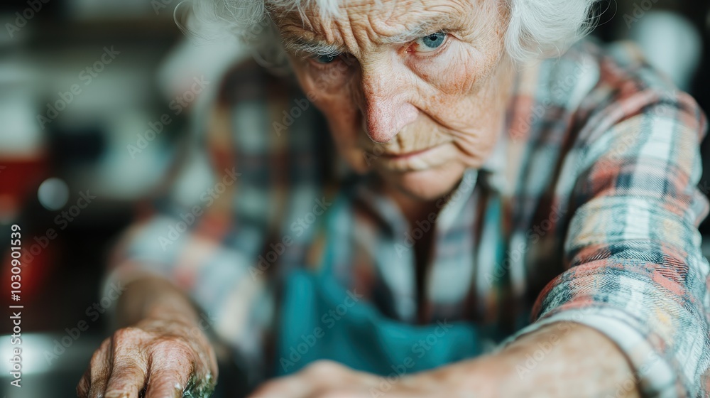 An older woman with a serious expression is deeply engaged in an intricate task, displaying intense concentration and years of accumulated wisdom and experience. An older woman with a serious expression is deeply engaged in an intricate task, displaying intense concentration and years of accumulated wisdom and experience.