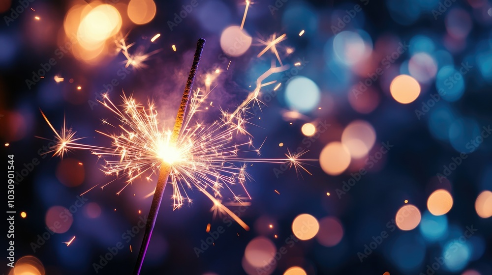 Obraz premium Silvester, New Year 2025 Party, Sparklers and bokeh lights on dark blue night sky