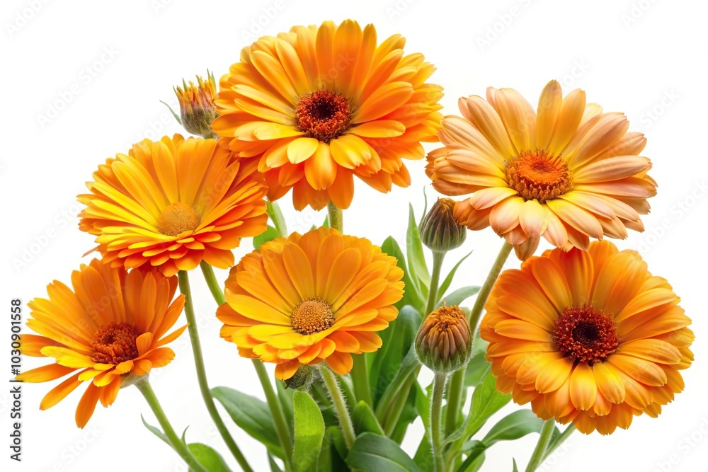 Blooming calendula flowers with reflection on white background Blooming calendula flowers with reflection on white background