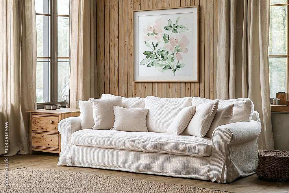 Fototapeta premium Minimalist, a modern Scandinavian interior in a living room with wood-clad walls and windows and sofas. Generative AI 
