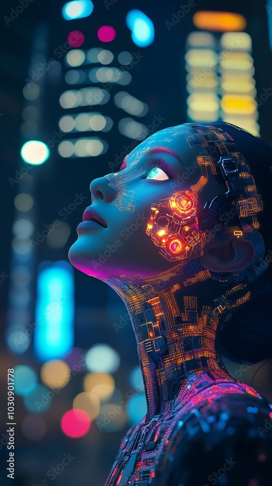 Cyberpunk woman with glowing circuitry is gazing upwards at the towering skyscrapers of a futuristic city illuminated by neon lights Cyberpunk woman with glowing circuitry is gazing upwards at the towering skyscrapers of a futuristic city illuminated by neon lights