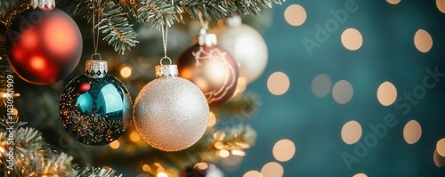 A close-up of Christmas ornaments hanging from a tree