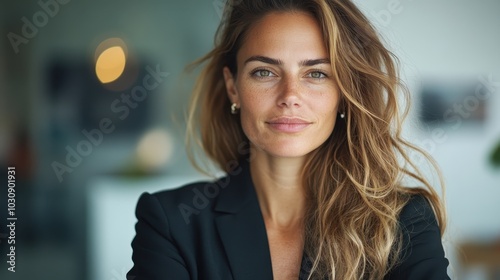 A confident businesswoman with wavy hair and a gentle smile stands against a blurred modern office background, embodying professionalism and career success.