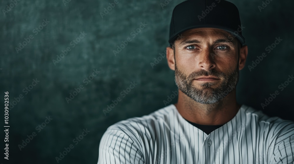 A focused baseball player in a striped jersey and black cap gazes intensely, set against a dark green backdrop, conveying determination and focus. A focused baseball player in a striped jersey and black cap gazes intensely, set against a dark green backdrop, conveying determination and focus.