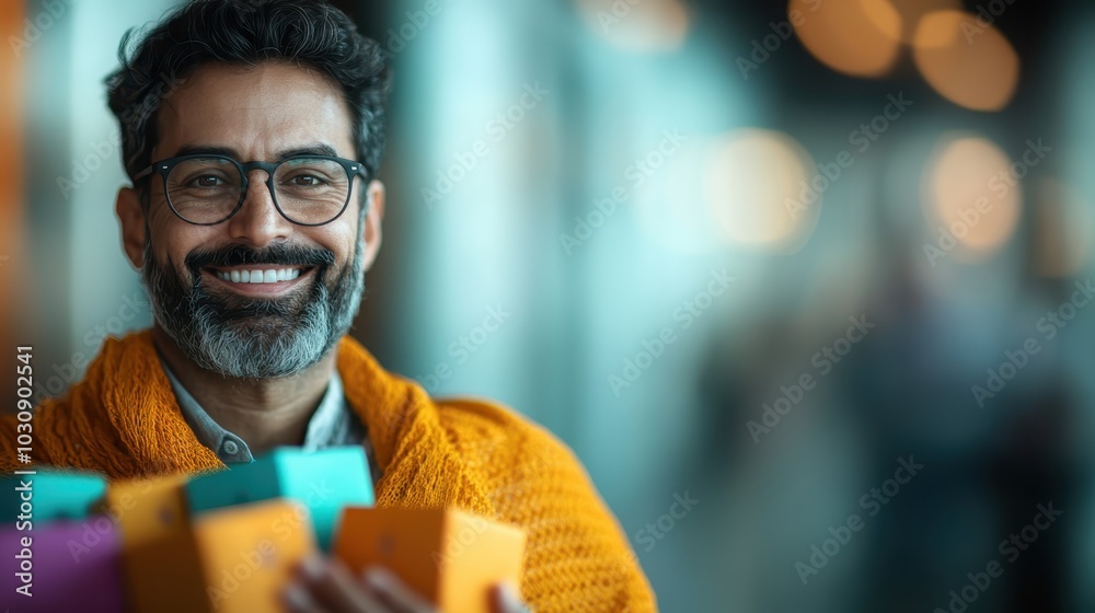 A bearded man with glasses and gray hair, draped in an orange shawl, smiles warmly while holding a collection of brightly colored gift boxes, embodying joy and giving. A bearded man with glasses and gray hair, draped in an orange shawl, smiles warmly while holding a collection of brightly colored gift boxes, embodying joy and giving.