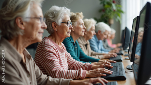 Diverse Elderly Group Learning Computer Skills in Community Center: Perfect for Senior Education Campaigns