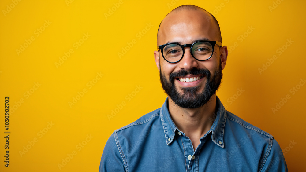 Diverse Portrait: Bearded Hispanic Man in Denim Against Yellow Background - Perfect for Inclusive Advertising