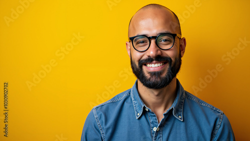 Diverse Portrait: Bearded Hispanic Man in Denim Against Yellow Background - Perfect for Inclusive Advertising