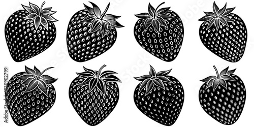 line art vector illustration collection of strawberry with wood cutting style. isolate on a white background. SVG and PNG
