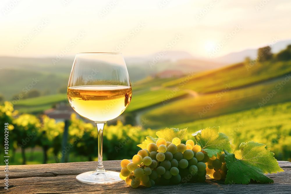 Fototapeta premium Tranquil vineyard sunset with white wine glass and ripe grapes in scenic countryside