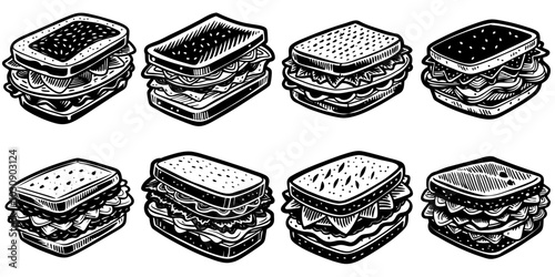 line art vector illustration collection of sandwich with wood cutting style. isolate on a white background. SVG and PNG
