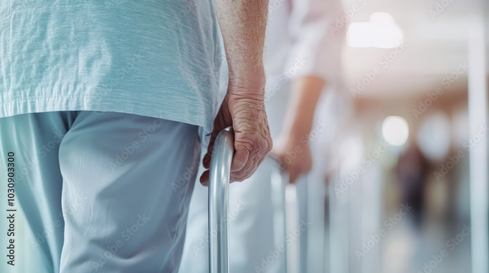 An elderly individual using a walker in a healthcare facility, symbolizing dependence and the importance of medical support for senior citizens in modern society. An elderly individual using a walker in a healthcare facility, symbolizing dependence and the importance of medical support for senior citizens in modern society.
