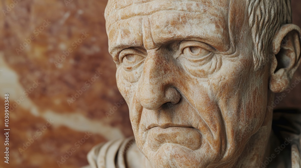 Roman bust statue of a wise elderly senator with worn patina on a marble pedestal Roman bust statue of a wise elderly senator with worn patina on a marble pedestal