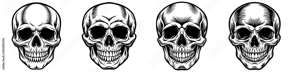 Fototapeta premium line art vector illustration collection of skull with wood cutting style. isolate on a white background. SVG and PNG 