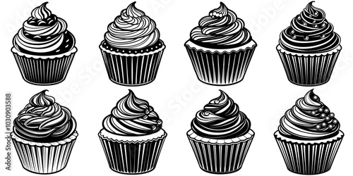 line art vector illustration collection of cupcake with wood cutting style. isolate on a white background. SVG and PNG

