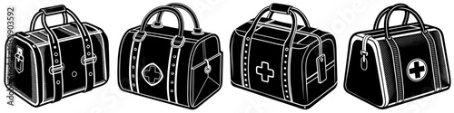 line art vector illustration collection of doctor s bag with wood cutting style. isolate on a white background. SVG and PNG
