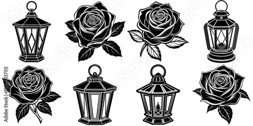 line art vector illustration collection of rose with wood cutting style. isolate on a white background. SVG and PNG
