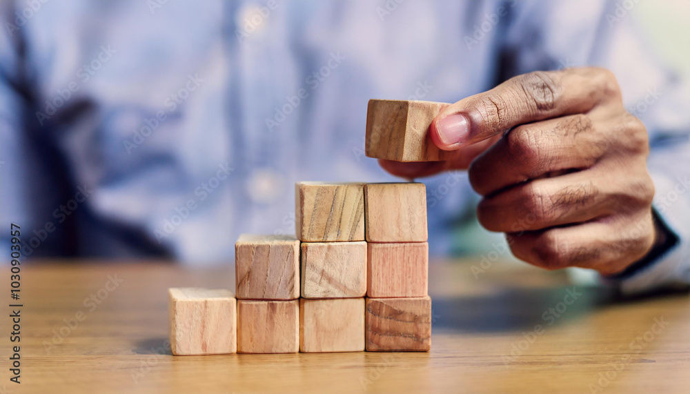 Man stacking wooden blocks. Strong team. Business structure. Successful firm. Man stacking wooden blocks. Strong team. Business structure. Successful firm.