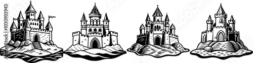 line art vector illustration collection of sand castle with wood cutting style. isolate on a white background. SVG and PNG
