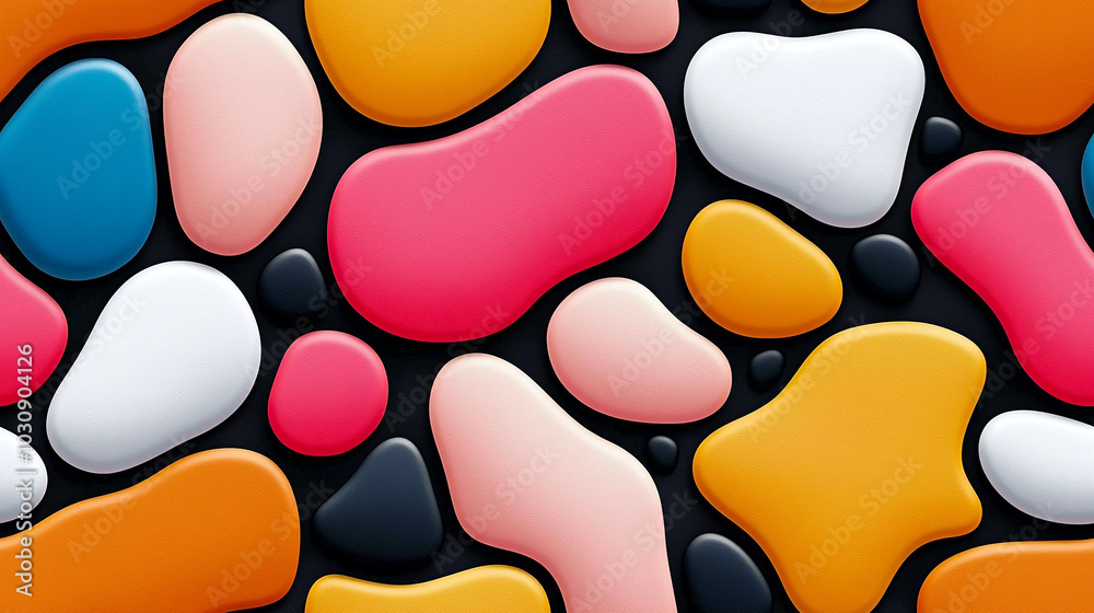 Colorful abstract shapes create vibrant and playful pattern, featuring mix of smooth, rounded forms in various hues like pink, orange, white, and blue. This lively design adds cheerful touch to any Colorful abstract shapes create vibrant and playful pattern, featuring mix of smooth, rounded forms in various hues like pink, orange, white, and blue. This lively design adds cheerful touch to any