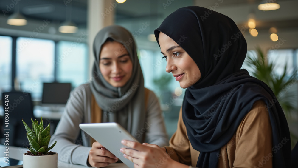 Muslim Secretary Showing Tablet to Boss: Multicultural Workplace Diversity in Modern Office Setting Muslim Secretary Showing Tablet to Boss: Multicultural Workplace Diversity in Modern Office Setting
