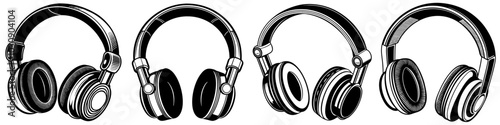 line art vector illustration collection of headphones with wood cutting style. isolate on a white background. SVG and PNG
