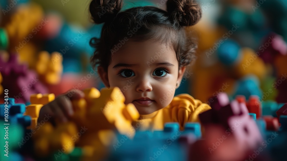 A child with playful expression engages with brightly colored building blocks, embodying exploration and joy. The colorful array sparks creativity and youthful energy.