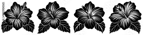 line art vector illustration collection of hibiscus with wood cutting style. isolate on a white background. SVG and PNG
