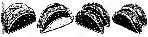 line art vector illustration collection of tacos with wood cutting style. isolate on a white background. SVG and PNG
