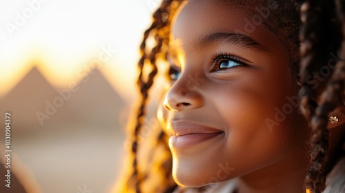 A young girl gazes warmly at the sunset, with her face illuminated by the golden light, symbolizing hope, contentment, and the beauty of a serene moment. photo