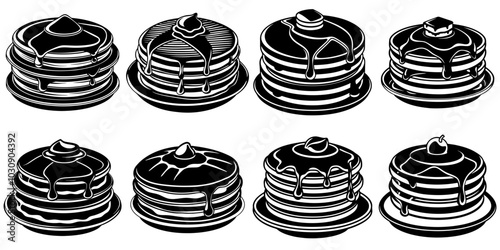 line art vector illustration collection of pancakes with syrup with wood cutting style. isolate on a white background. SVG and PNG
