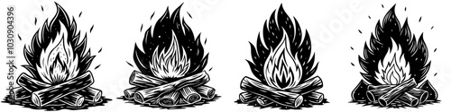 line art vector illustration collection of campfire with wood cutting style. isolate on a white background. SVG and PNG
