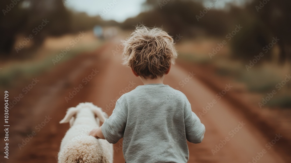 A young child with tousled hair walks alongside a fluffy sheep on a rustic, dirt pathway, surrounded by nature, symbolizing innocence and pastoral simplicity. A young child with tousled hair walks alongside a fluffy sheep on a rustic, dirt pathway, surrounded by nature, symbolizing innocence and pastoral simplicity.