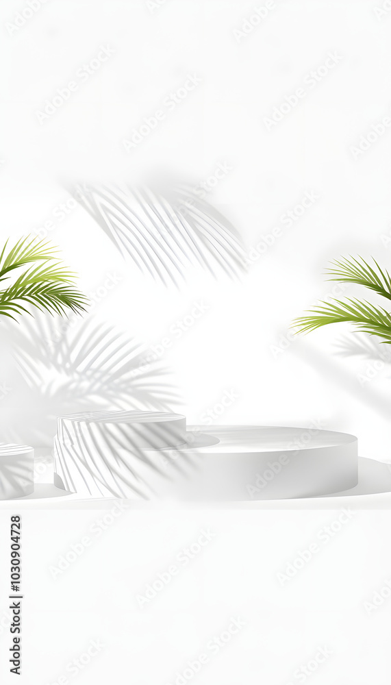 White podiums and palm leaf shadow background isolated with white highlights, png White podiums and palm leaf shadow background isolated with white highlights, png