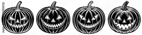 line art vector illustration collection of pumpkin jack o lantern with wood cutting style. isolate on a white background. SVG and PNG
