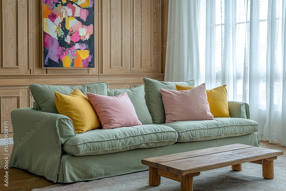 Fototapeta premium Minimalist, modern Scandinavian interiors in the living room with wooden board-finished walls and art frames hanging and sofas. Generative AI 