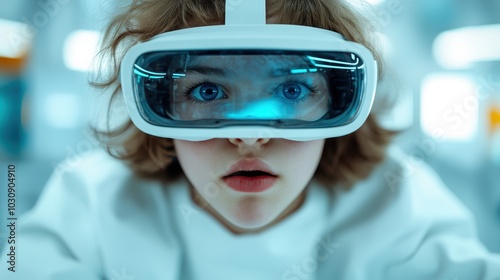 The image captures a young adult looking curious while wearing a white virtual reality headset against a bright, softly blurred background with gentle blue hues. photo