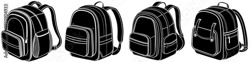 line art vector illustration collection of school backpack with wood cutting style. isolate on a white background. SVG and PNG
