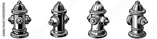 line art vector illustration collection of fire hydrant with wood cutting style. isolate on a white background. SVG and PNG
