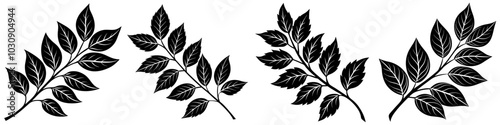 line art vector illustration collection of branch with leaves with wood cutting style. isolate on a white background. SVG and PNG
