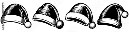 line art vector illustration collection of santa claus hat with wood cutting style. isolate on a white background. SVG and PNG
