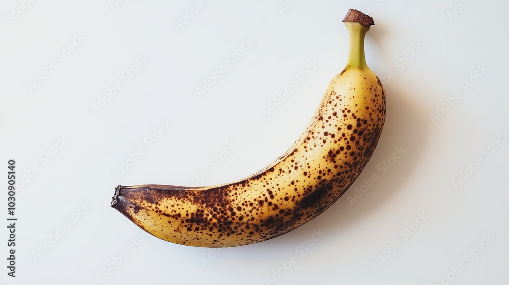 Single ripe banana with brown spots is lying on a white background, shot from above. The banana's peel shows its ripeness Single ripe banana with brown spots is lying on a white background, shot from above. The banana's peel shows its ripeness