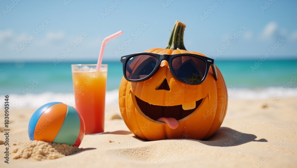 Carved pumpkin wearing sunglasses enjoying drinks on the beach Playful Whimsical Carved pumpkin wearing sunglasses enjoying drinks on the beach Playful Whimsical