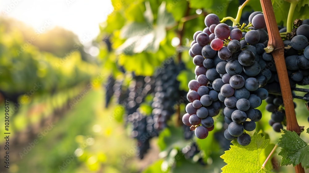 Fototapeta premium Purple Perfection: Captivating Close-Up of Vineyard's Bountiful Grape Clusters