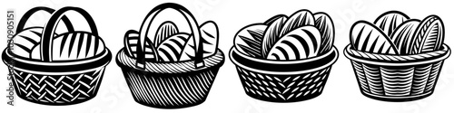 line art vector illustration collection of bread basket with wood cutting style. isolate on a white background. SVG and PNG
