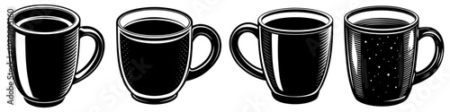 line art vector illustration collection of coffee mug with wood cutting style. isolate on a white background. SVG and PNG
