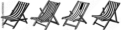 line art vector illustration collection of beach chair with wood cutting style. isolate on a white background. SVG and PNG
