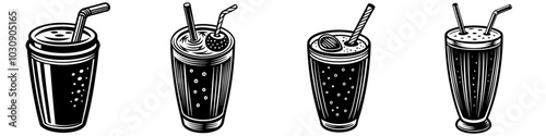 line art vector illustration collection of smoothie with wood cutting style. isolate on a white background. SVG and PNG
