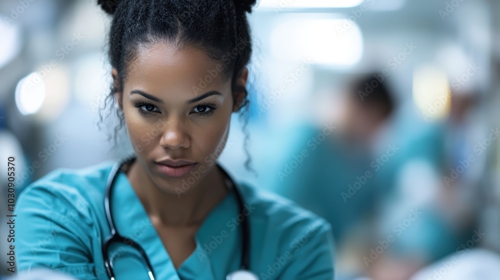 A focused nurse stands with a stethoscope in a hospital setting, emphasizing professionalism, empathy, and dedication to patient care in a modern healthcare facility. A focused nurse stands with a stethoscope in a hospital setting, emphasizing professionalism, empathy, and dedication to patient care in a modern healthcare facility.