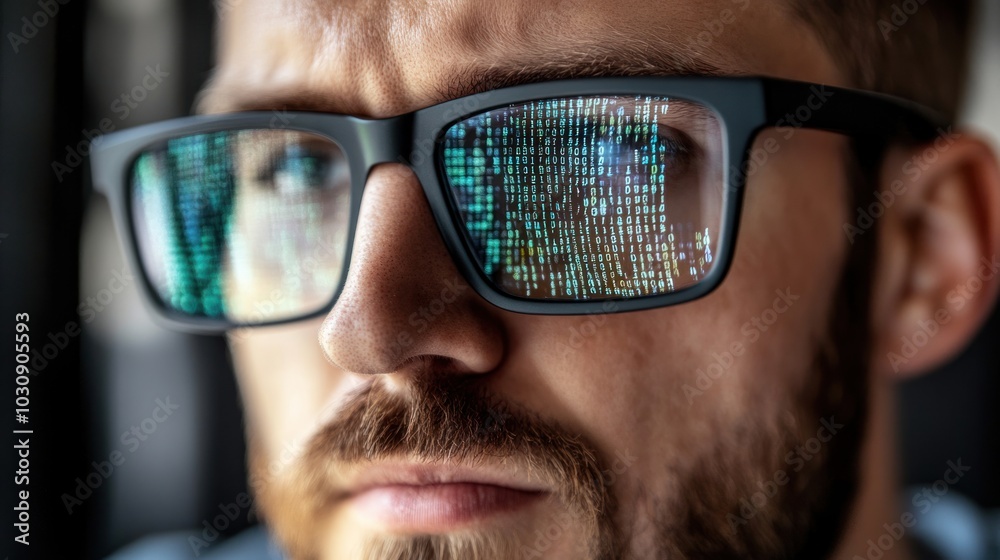 Close-up of Man's Face with Binary Code Reflected in Glasses Close-up of Man's Face with Binary Code Reflected in Glasses